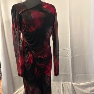 Elegant Red and Black Women's Dress with mesh long sleeves